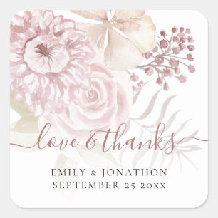 Pink Florals Thank You Names Date Wedding Square Sticker