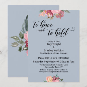 Pink Florals To Have and To Hold Dusty Blue Invitation