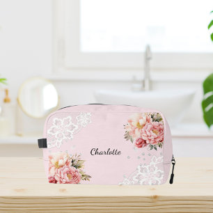 Pink florals white lace dopp kit