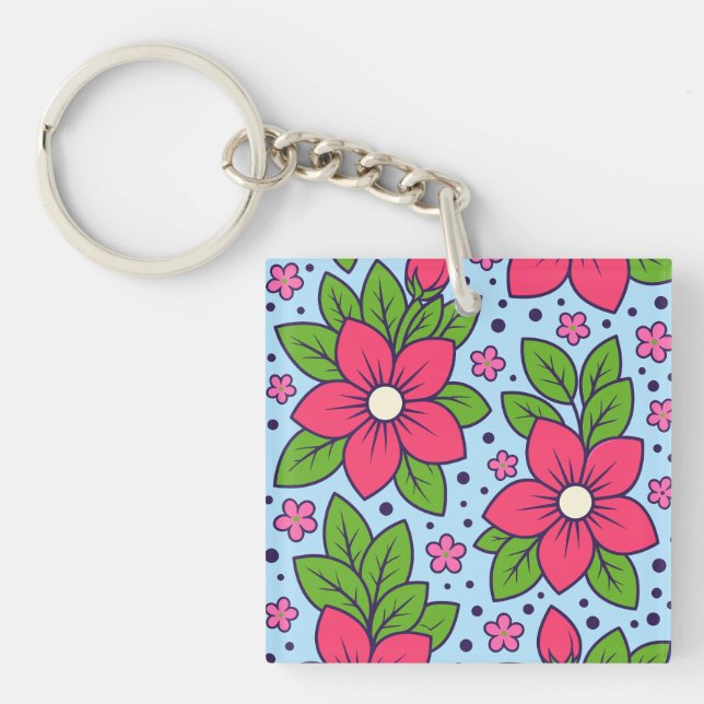 Pink Florals with Bold Petals and Green Leaves Key Ring (Front)