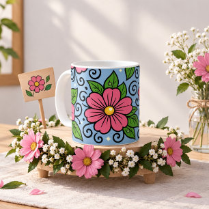 Pink Florals with Green Leaves and Curved Details Coffee Mug