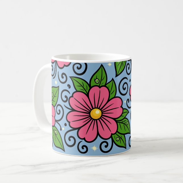 Pink Florals with Green Leaves and Curved Details Coffee Mug (Front Left)