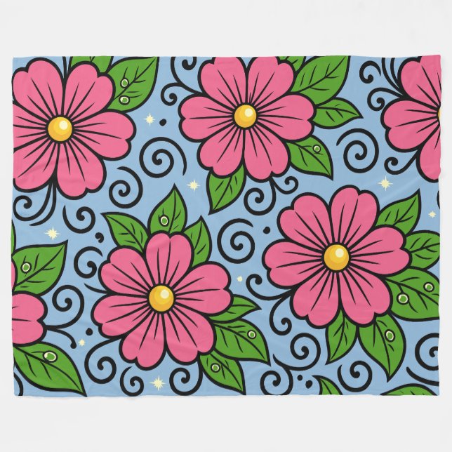 Pink Florals with Green Leaves and Curved Details Fleece Blanket (Front (Horizontal))