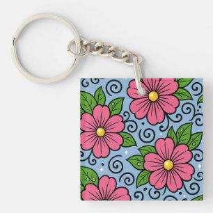 Pink Florals with Green Leaves and Curved Details Key Ring