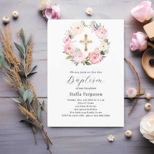 Pink florals wreath cross girl baptism invitation