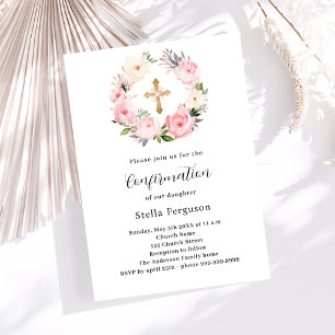 Pink florals wreath cross girl Confirmation Invitation
