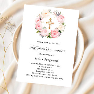 Pink florals wreath cross girl First Communion Invitation