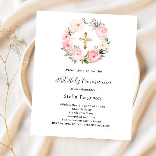 Pink florals wreath First Communion invitation