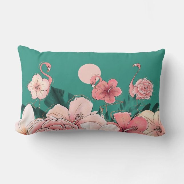 Pink Florida Flamingos Tropical Flowers on Teal Lumbar Cushion (Front)