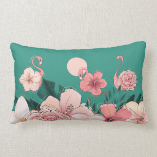 Pink Florida Flamingos Tropical Flowers on Teal Lumbar Cushion