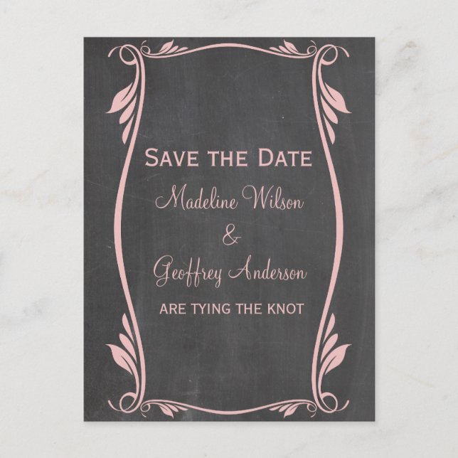Pink Flourish Chalkboard Save the Date Postcard (Front)