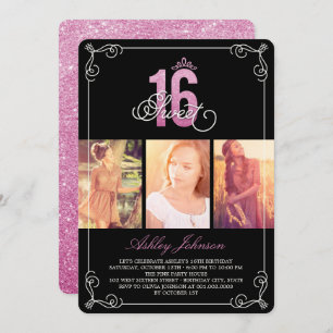 Pink Flourish Glam Sweet 16 Photo Birthday Party Invitation