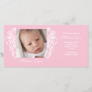 Pink Flourish New Baby Birth Annoucement Announcement