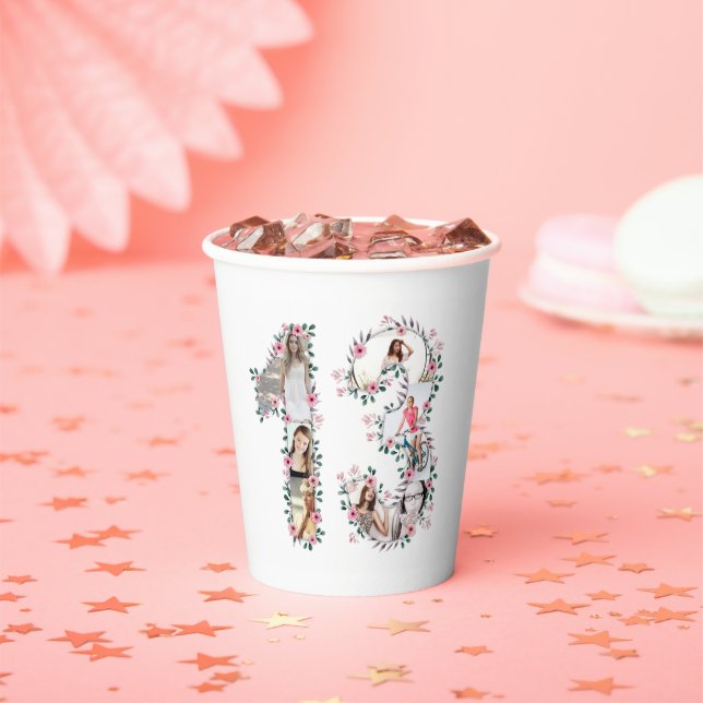 Pink Flower 13th Birthday Girl Photo Collage White Paper Cups (Insitu)