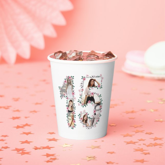 Pink Flower 15th Birthday Girl Photo Collage White Paper Cups (Insitu)