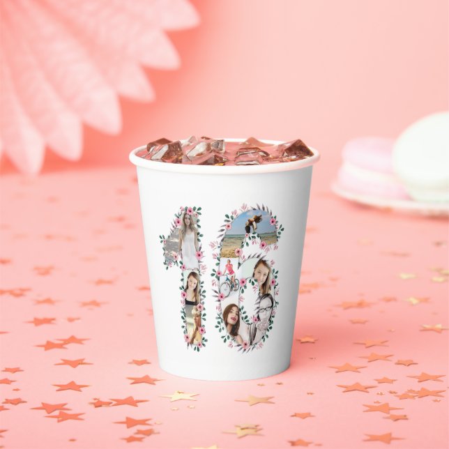 Pink Flower 16th Birthday Girl Photo Collage White Paper Cups (Insitu)