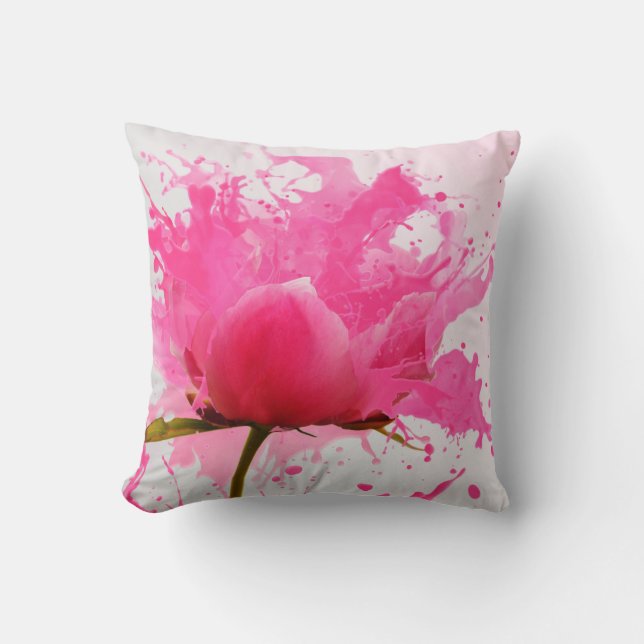 Pink Flower Abstract Paint Splatter Cushion (Front)