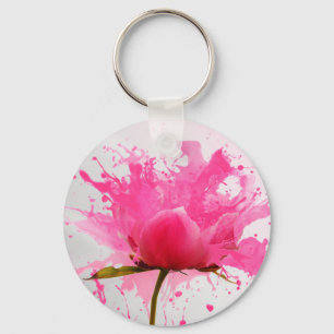 Pink Flower Abstract Paint Splatter Key Ring