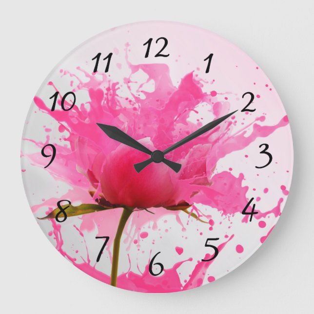 Pink Flower Abstract Paint Splatter Large Clock (Front)