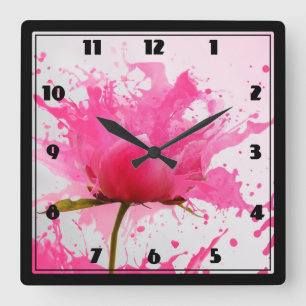 Pink Flower Abstract Paint Splatter Square Wall Clock