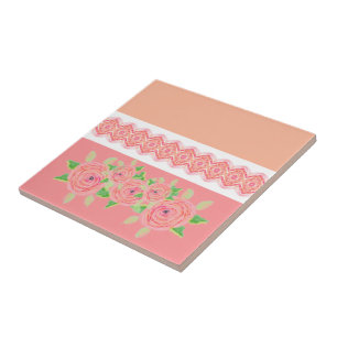 Pink flower accented and peach ceramic tile