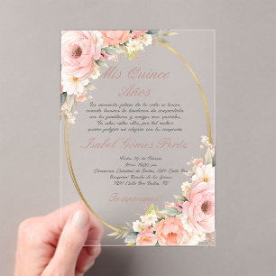 Pink flower acrylic Quinceanera invitation