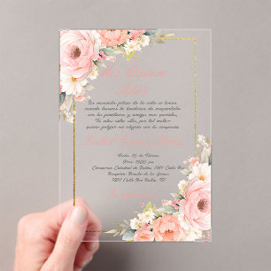 Pink flower acrylic Quinceanera invitation