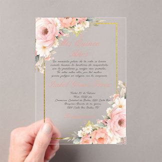 Pink flower acrylic Quinceanera invitation 