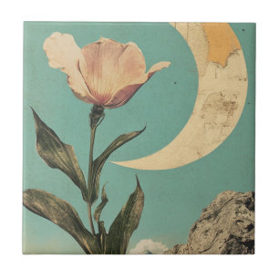 Pink Flower and Crescent Moon Ceramic Tile