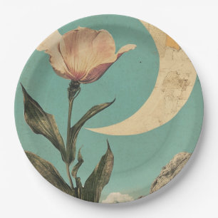 Pink Flower and Crescent Moon Paper Plate