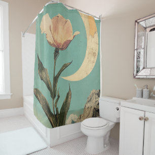 Pink Flower and Crescent Moon Shower Curtain