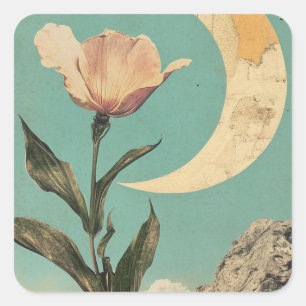Pink Flower and Crescent Moon Square Sticker