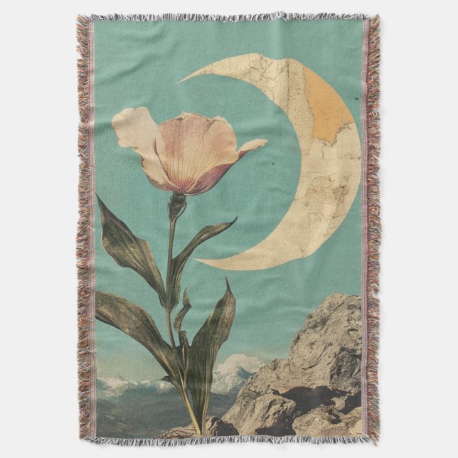 Pink Flower and Crescent Moon Throw Blanket (Front Vertical)