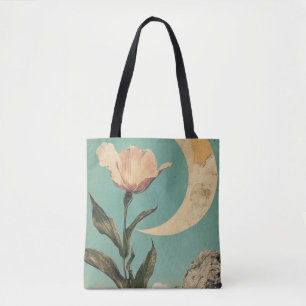 Pink Flower and Crescent Moon Tote Bag