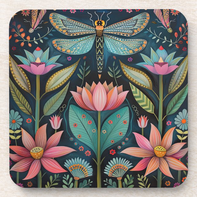Pink Flower and Dragonfly Hard plastic coaster (Front)