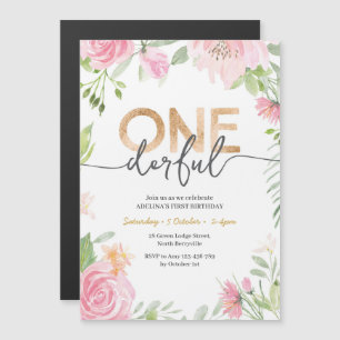 Pink flower and gold ONEderful birthday Invitation