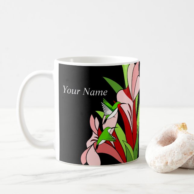 Pink Flower And Hummingbird Coffee Mug (With Donut)