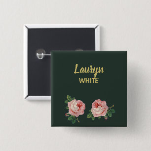 Pink flower and leaves on dark green 15 cm square badge