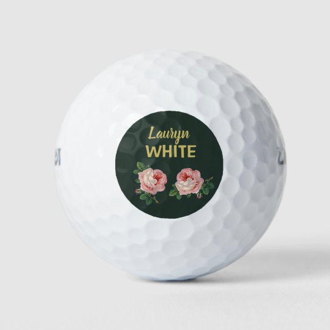 Pink flower and leaves on dark green golf balls (Front)