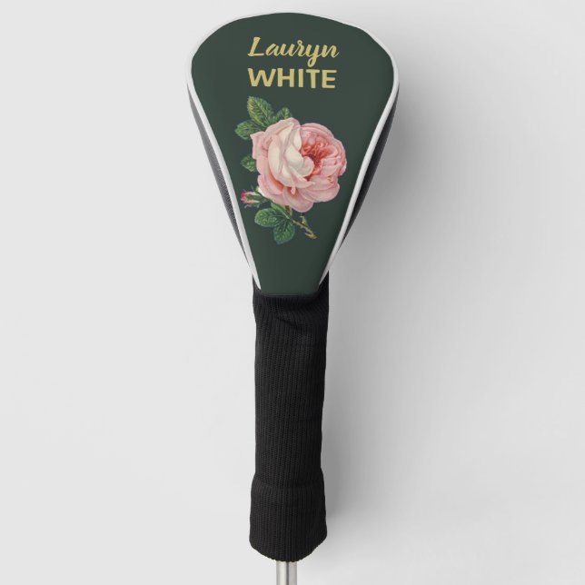 Pink flower and leaves on dark green golf head cover (Front)