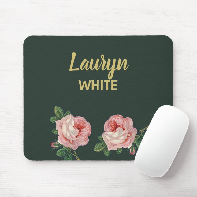 Pink flower and leaves on dark green mouse pad (With Mouse)