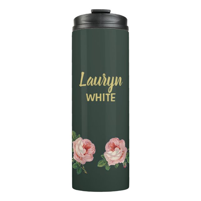 Pink flower and leaves on dark green thermal tumbler (Front)