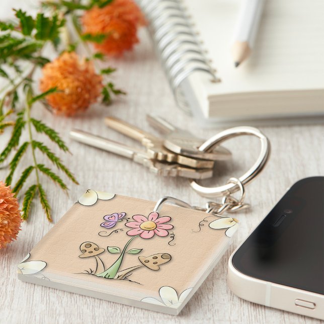Pink Flower And Mushrooms Key Ring (Creator Uploaded)