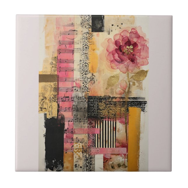 Pink Flower And Music Notes Ceramic Tile (Front)