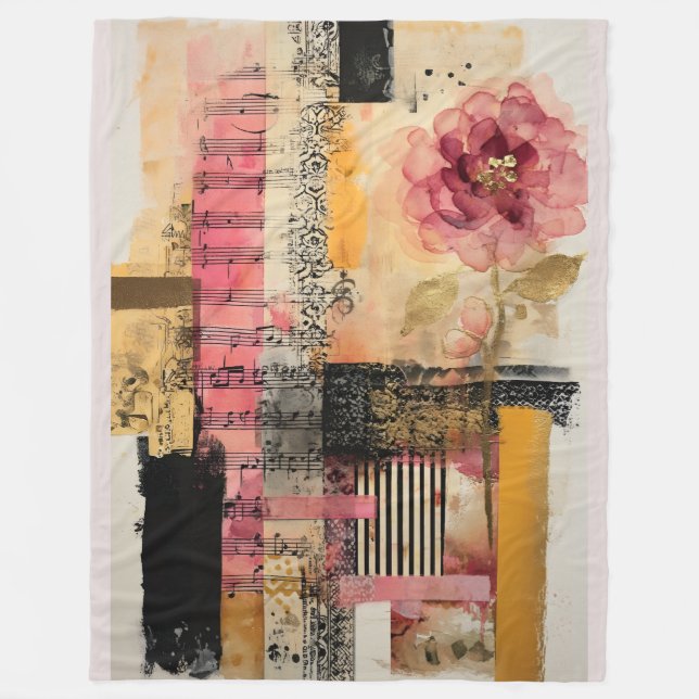 Pink Flower And Music Notes Fleece Blanket (Front)