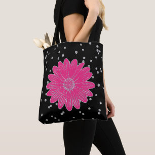 Pink Flower and Silver Glitter Tote Bag