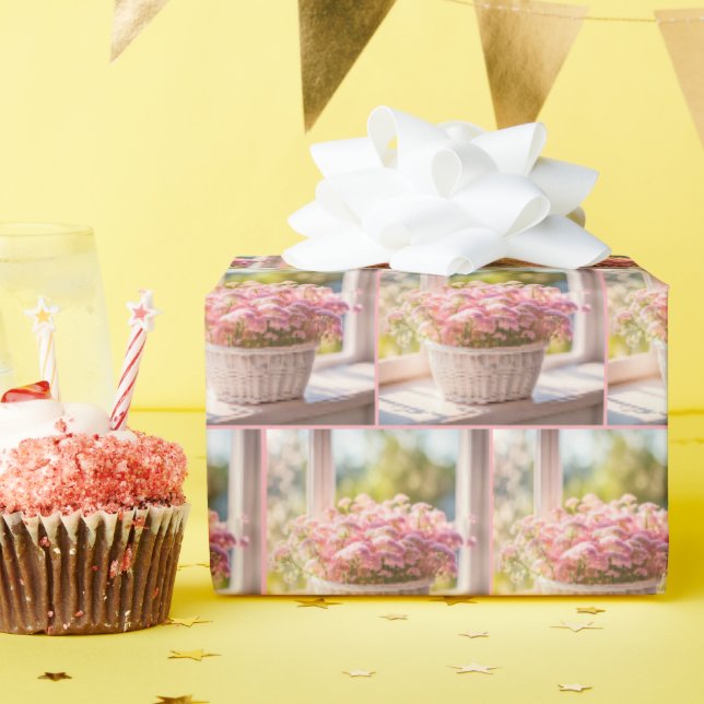 Pink Flower Arrangement In Wicker Basket Wrapping Paper (Birthday Party)