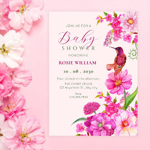 Pink flower art hummingbird baby shower invitation