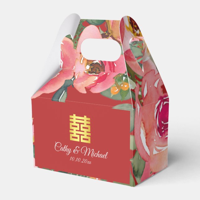 Pink flower background double happiness symbol favour box (Front Side)