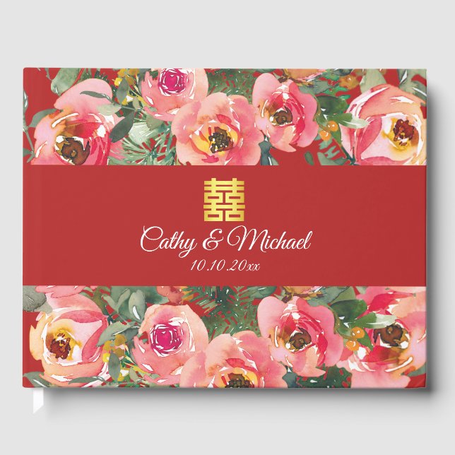 Pink flower background double happiness symbol guest book (Front)